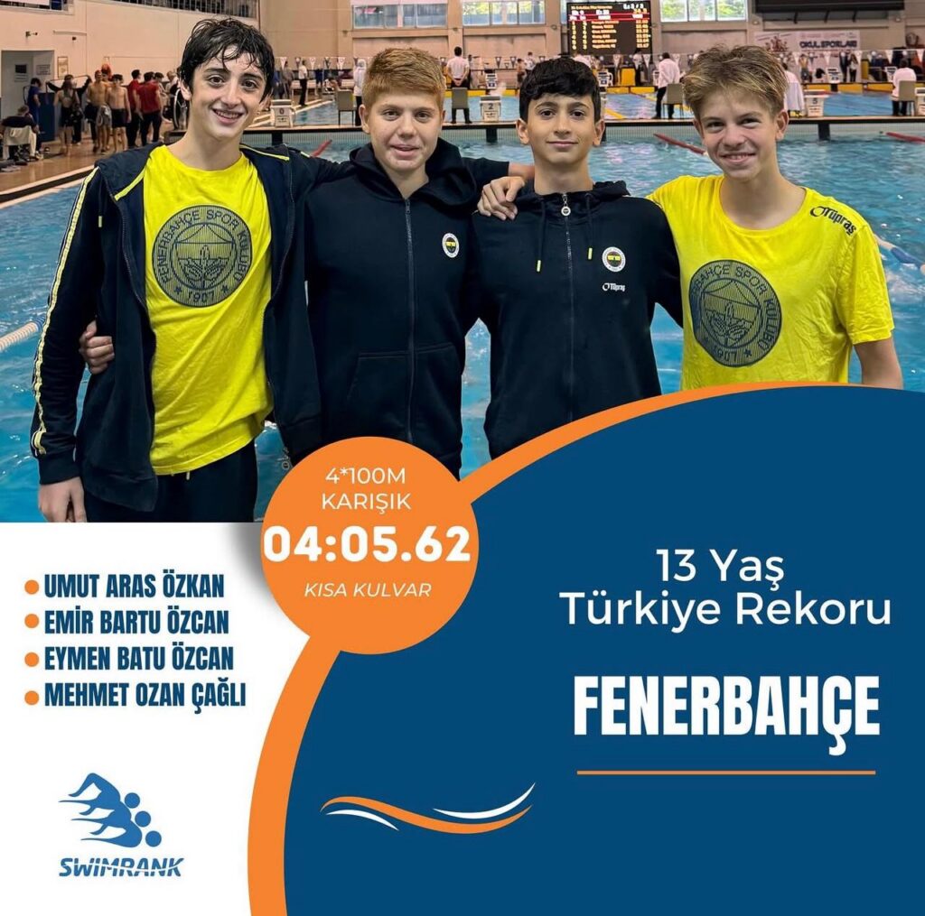 Fenerbahçe 2011 doğumlu erkek yüzme takımı, 4×100 metre karışık bayrak, 4:05.62 kısa kulvar Türkiye rekoru.