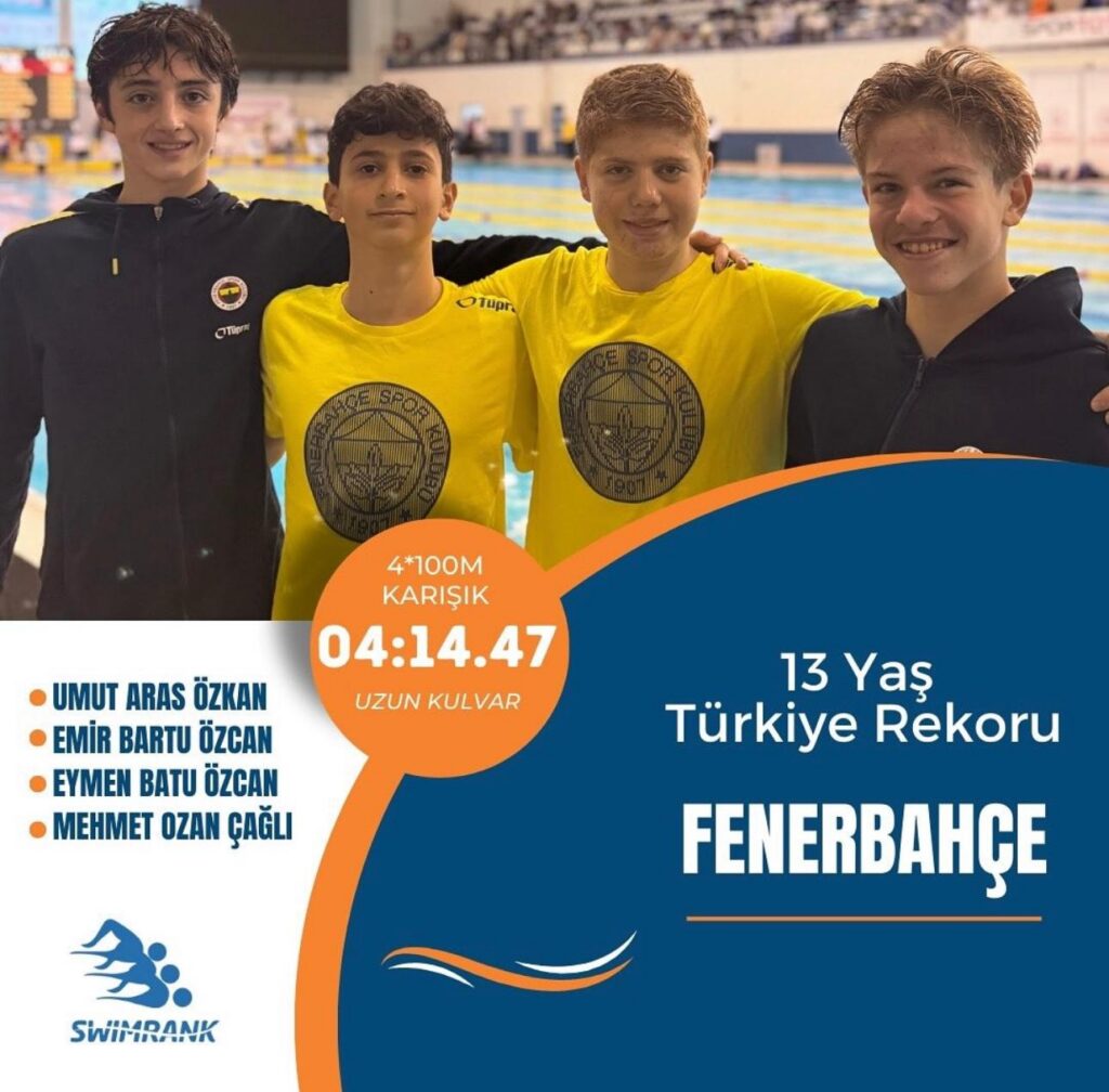 Fenerbahçe 2011 doğumlu yüzücüleri, 4×100 metre karışık bayrak uzun kulvarda 4:14.47 dereceyle 13 yaş Türkiye rekoru.