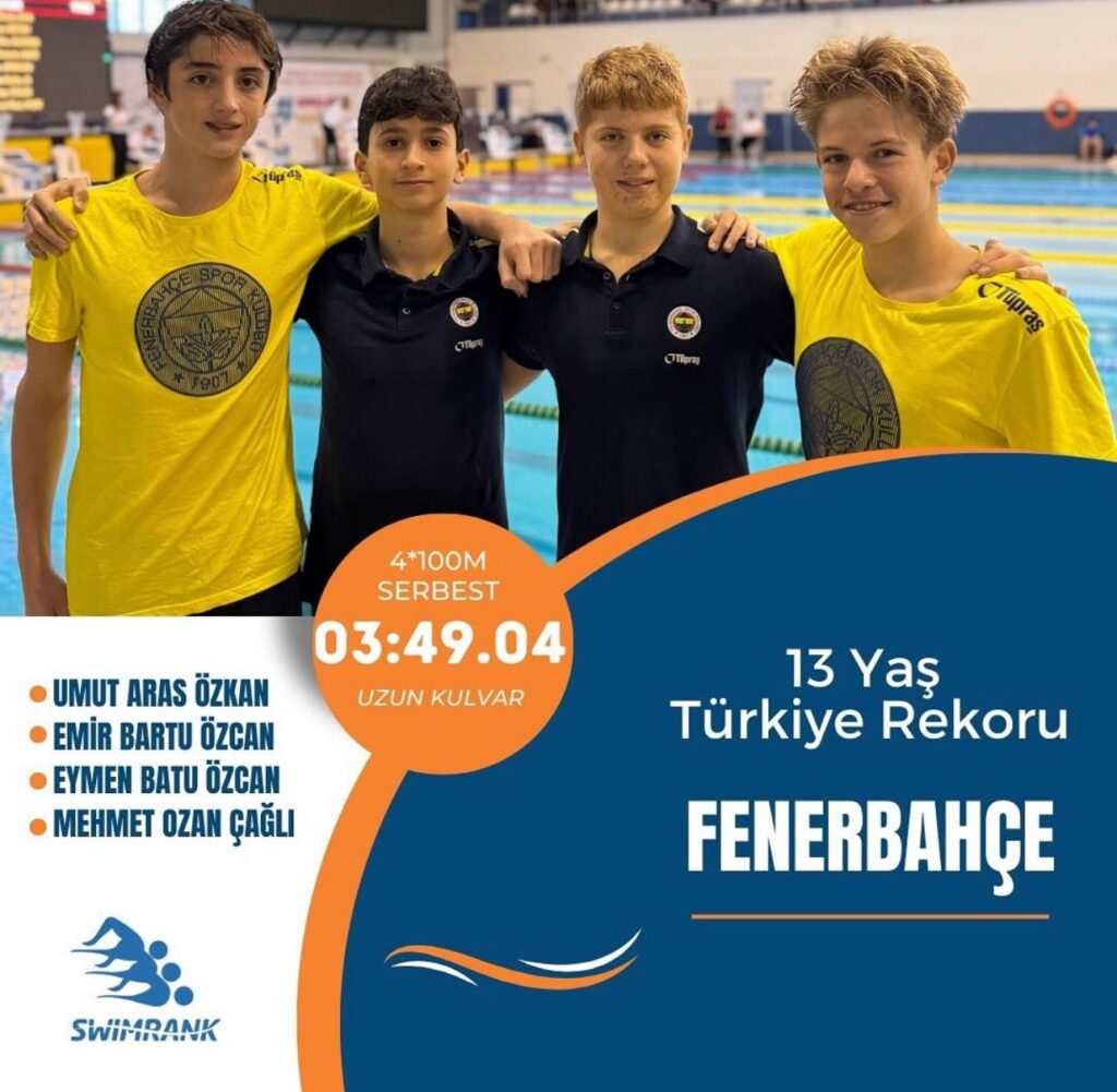 Fenerbahçe 2011 doğumlu yüzücüleri, 4×100 metre serbest bayrak uzun kulvarda 3:49.04 dereceyle 13 yaş Türkiye rekoru.