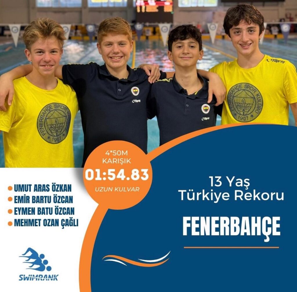 Fenerbahçe 2011 doğumlu yüzücüleri, 4×50 metre karışık bayrak uzun kulvarda 1:54.83 dereceyle 13 yaş Türkiye rekoru.