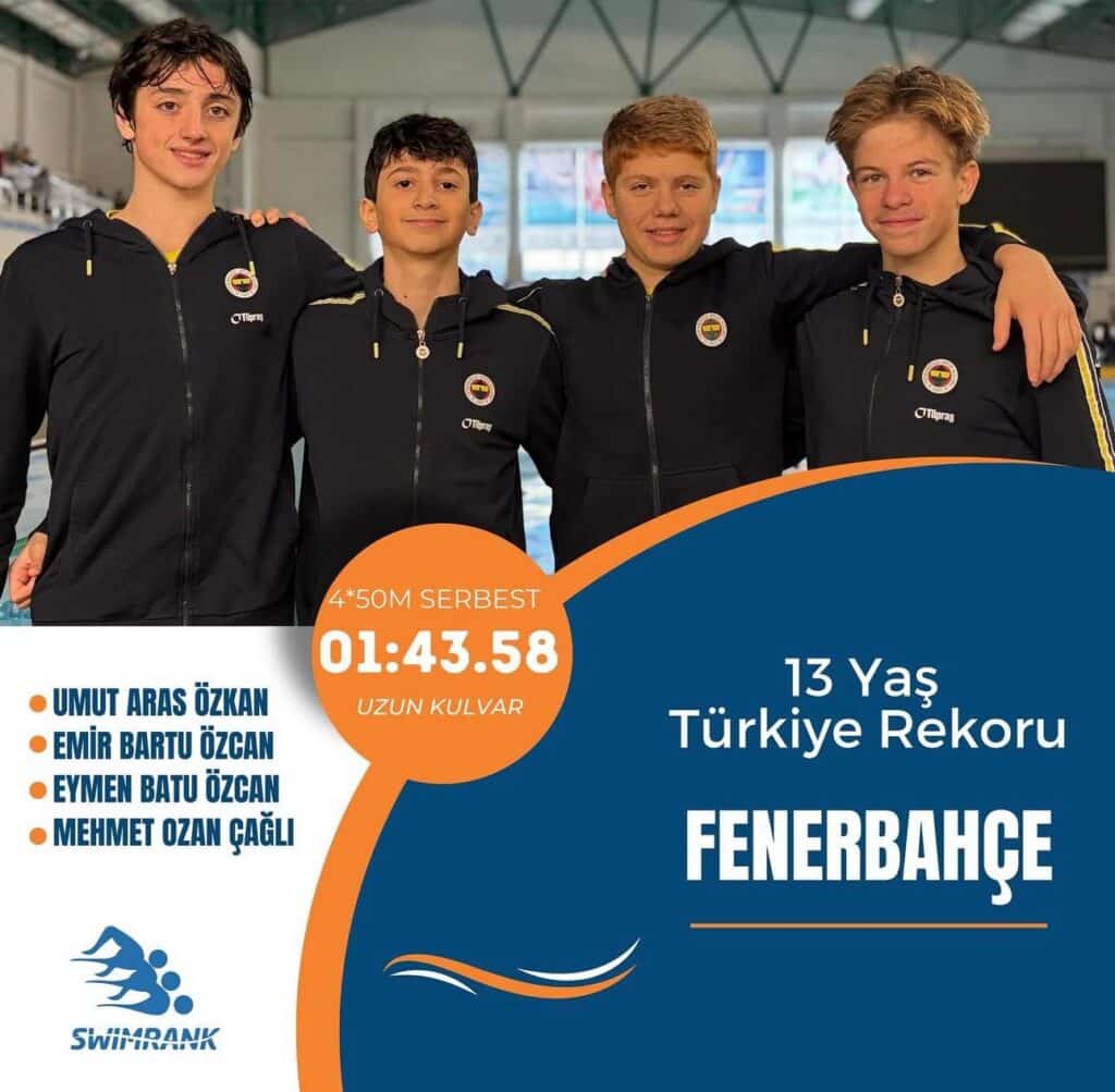 Fenerbahçe 2011 doğumlu dört yüzücü, 4×50 metre serbest bayrak uzun kulvarda 1:43.58 dereceyle 13 yaş Türkiye rekoru.